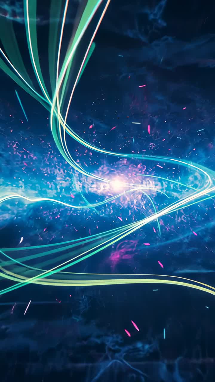 Vertical video: Animation starting neon and cyan arcs merging into core in space, pink violet cloud
