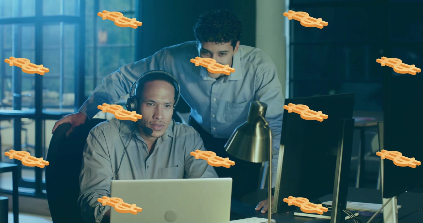 Headset-wearing colleague typing and initiating finance bars, dollar icons partner guiding analysis