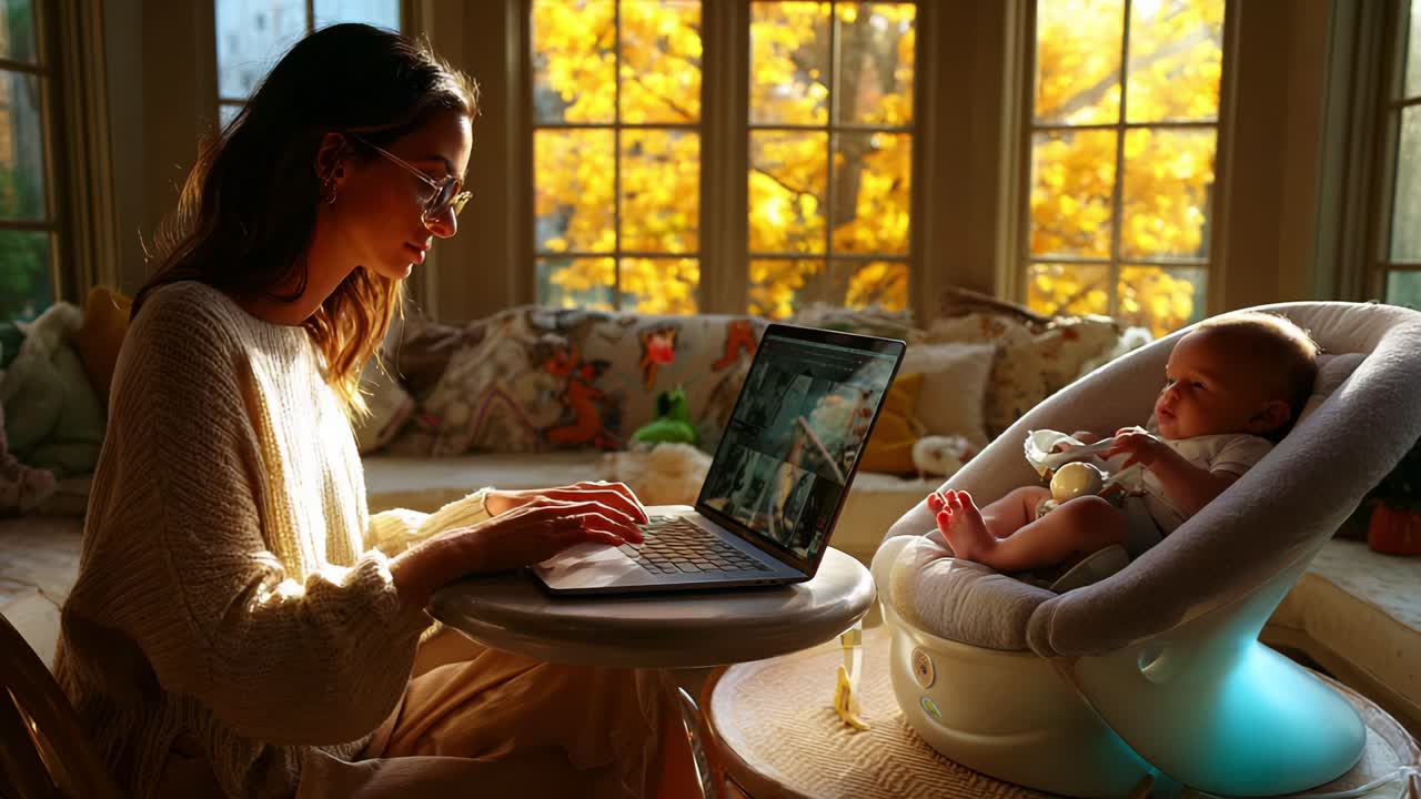 A Cozy Afternoon of Productivity: A Mother Balances Work and Parenting While Engaged with Her Baby and Laptop in a Sunlit Living Room Surrounded by Fall Colors