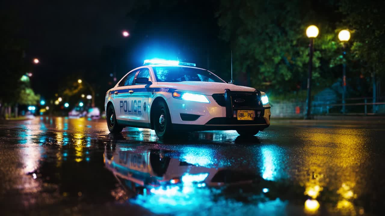 A striking police car illuminated by blue lights reflects in the wet street at night, capturing a moment of law enforcement presence and urban atmosphere in a visually stunning scene