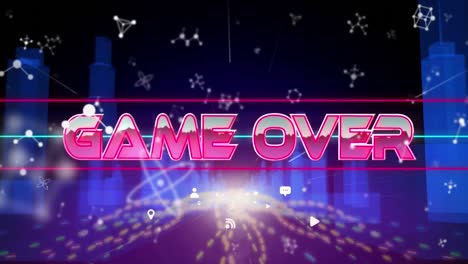 Animation-of-game-over-text-in-metallic-pink-letters-over-cityscape-and-molecules