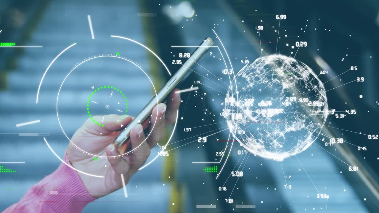 Animation of data processing over caucasian woman using smartphone