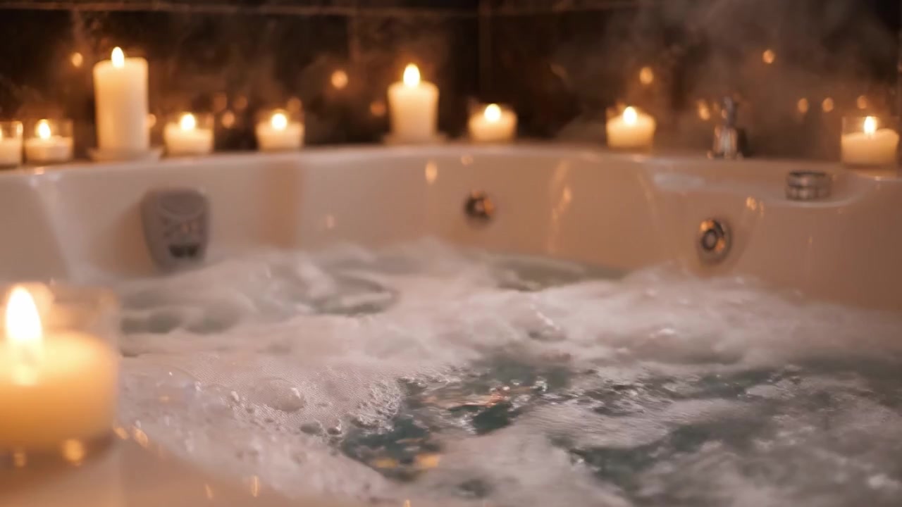 Un'esperienza spa serena e lussuosa con una rilassante vasca idromassaggio circondata da una soffusa luce di candele, creando un'atmosfera perfetta per coccolarsi e rilassarsi.