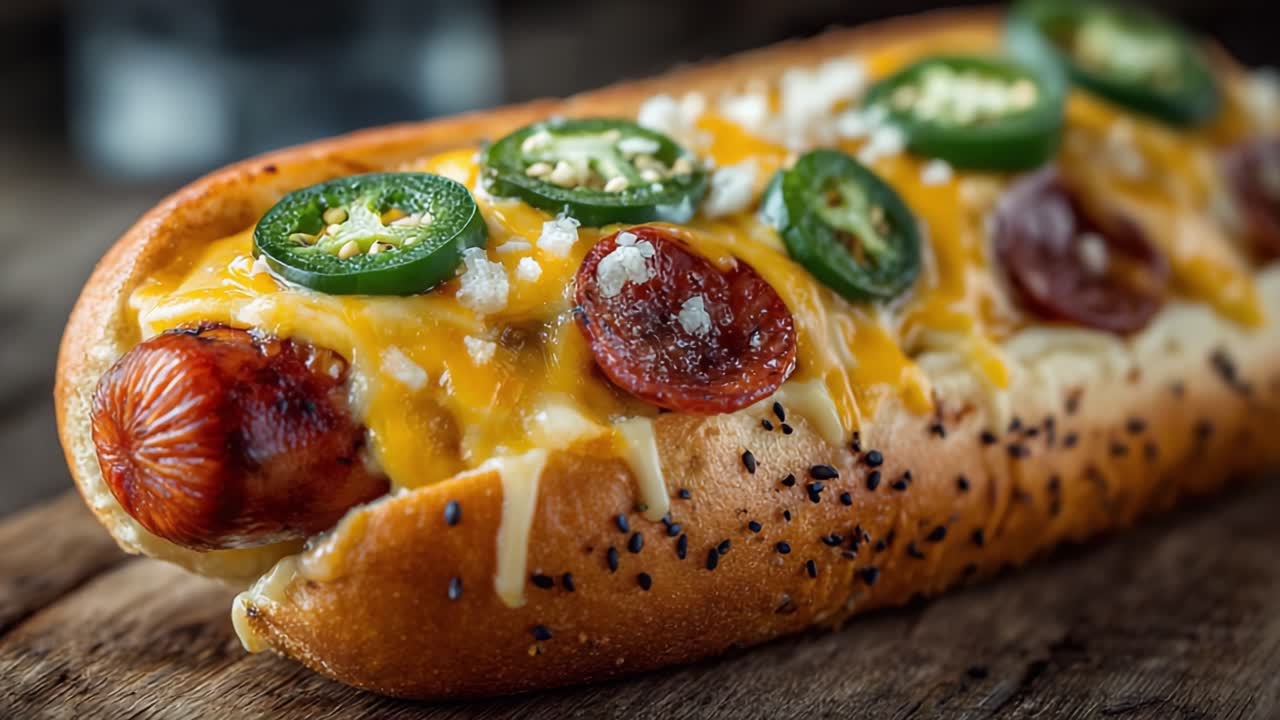 Sorpresa Hot Dog Deliziosamente Formaggiosa: Un Primo Piano di un Panino Gourmet con Salsiccia Guarnito con Jalapeños, Formaggio e Salame Piccante su una Superficie di Legno Rustica