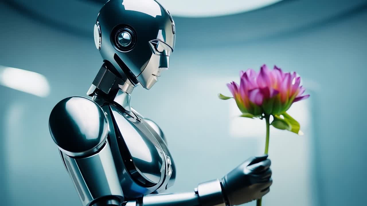 un robot humanoide con una flor rosada en la mano