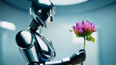 un robot humanoide con una flor rosada en la mano