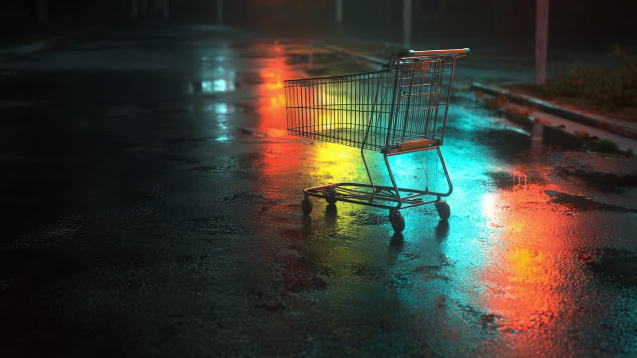En mystisk kundvagn reflekterar neonljus på en regnvåt stadsgata på natten, och erbjuder en kuslig och fängslande atmosfär i en övergiven miljö.