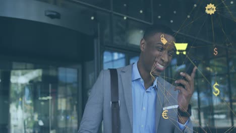 animation of globe with network of connections over african american businessman using smartphone