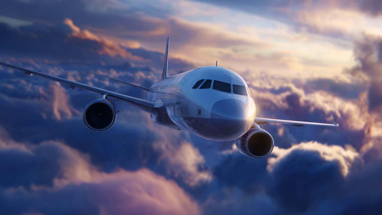 Una vista mozzafiato di un aereo moderno che solca nuvole colorate durante un tramonto spettacolare, catturando la bellezza del volo e le meraviglie dell'aviazione