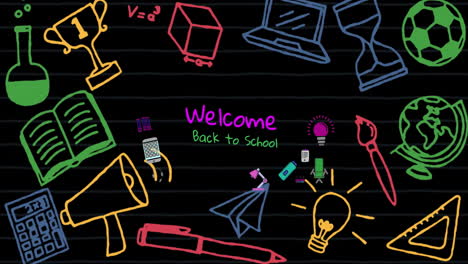 animation of welcome back to school text and school items icons over black background