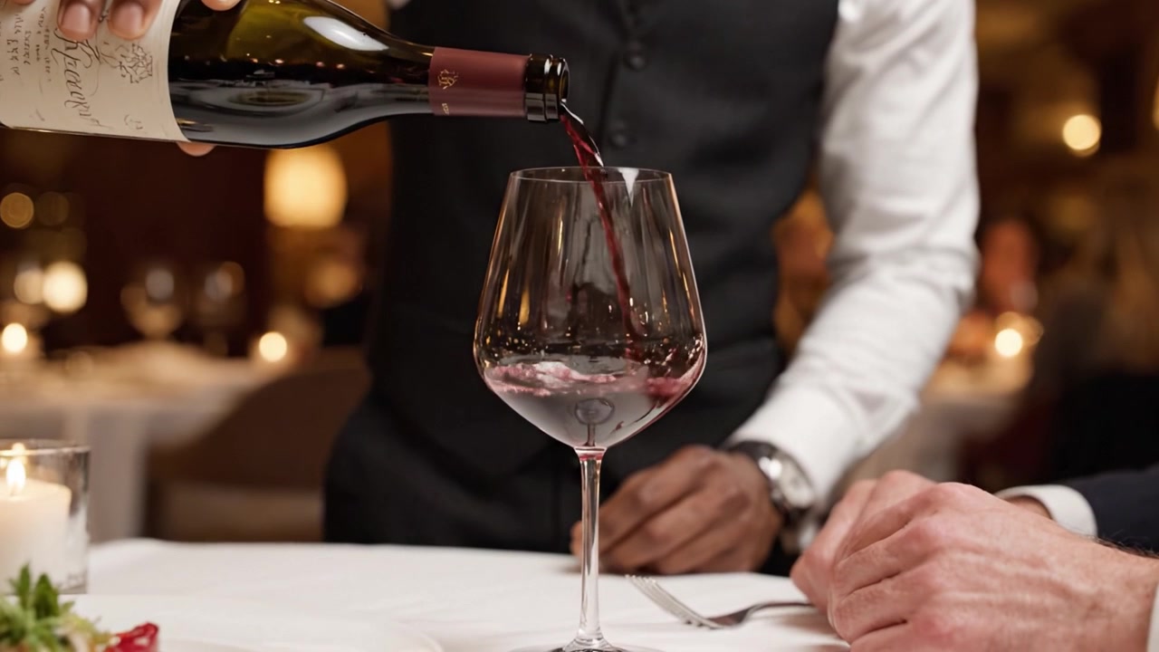 Servicio de vino elegante: Un sumiller vierte vino tinto en una copa de cristal en una sofisticada mesa de comedor, mejorando la experiencia culinaria para los comensales
