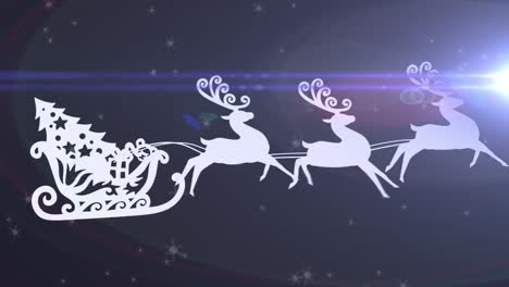 Animation-of-santa-claus-in-sleigh-with-reindeer-moving-over-snow-falling-on-blue-background