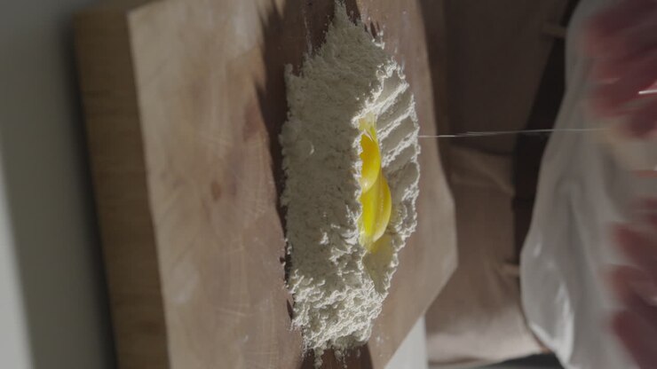 Rompere le uova per la pasta fresca fatta in casa in verticale