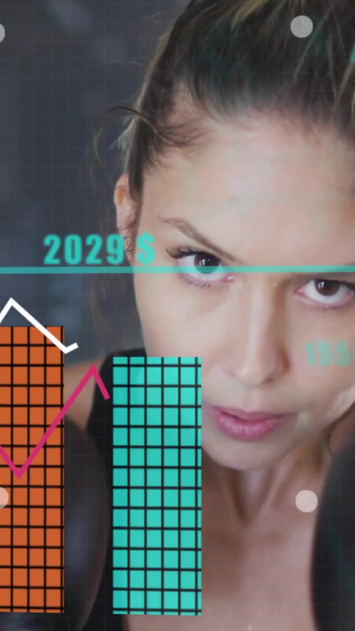 Vídeo vertical: Boxeadora dando um jab na lente, causando gráficos financeiros em ascensão e pontos mostrando crescimento