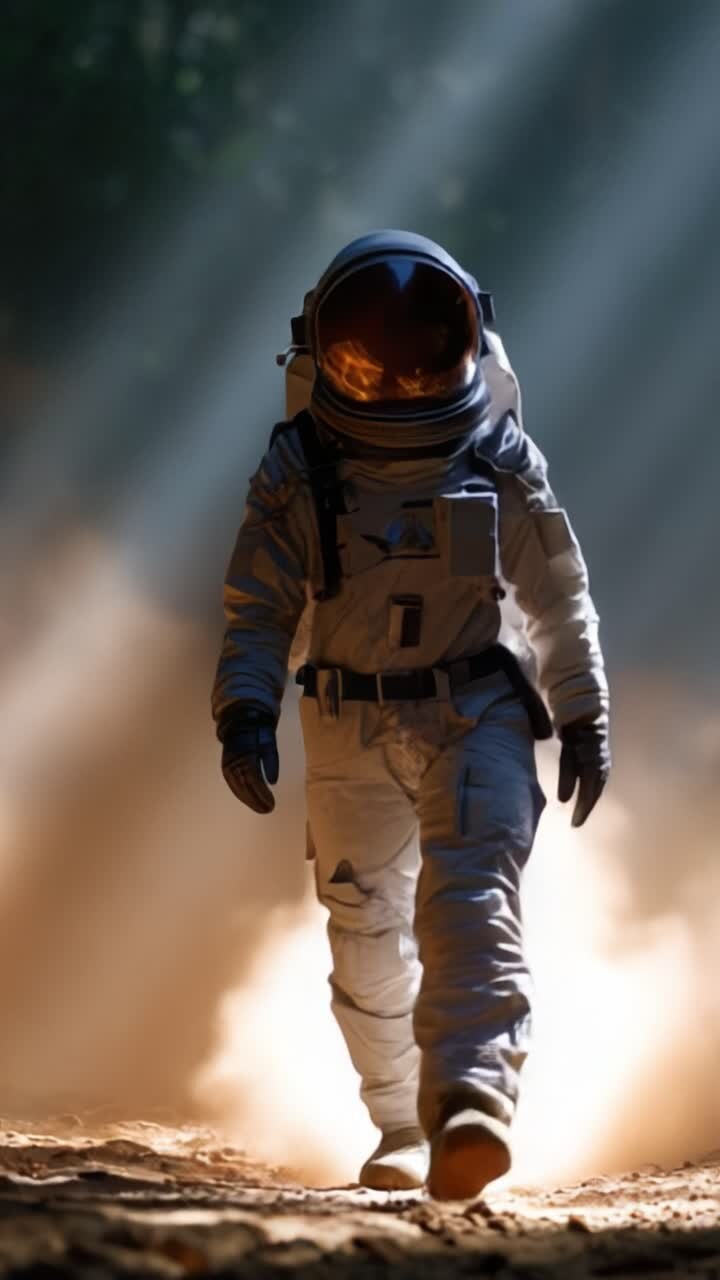 An astronaut walks through a dusty landscape, illuminated by beams of light, showcasing the adventurous spirit of exploration and the vastness of the unknown
