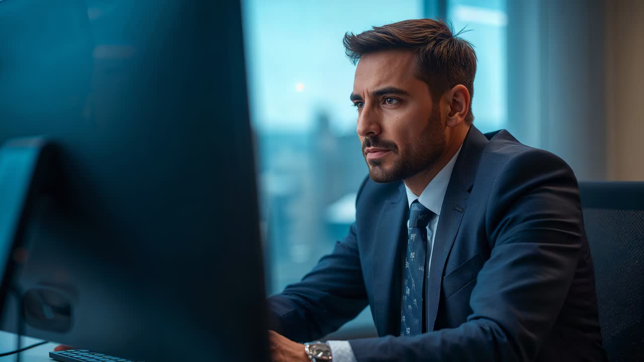 Typing middle-aged man in navy suit at office reacting to report on monitor, preparing brief