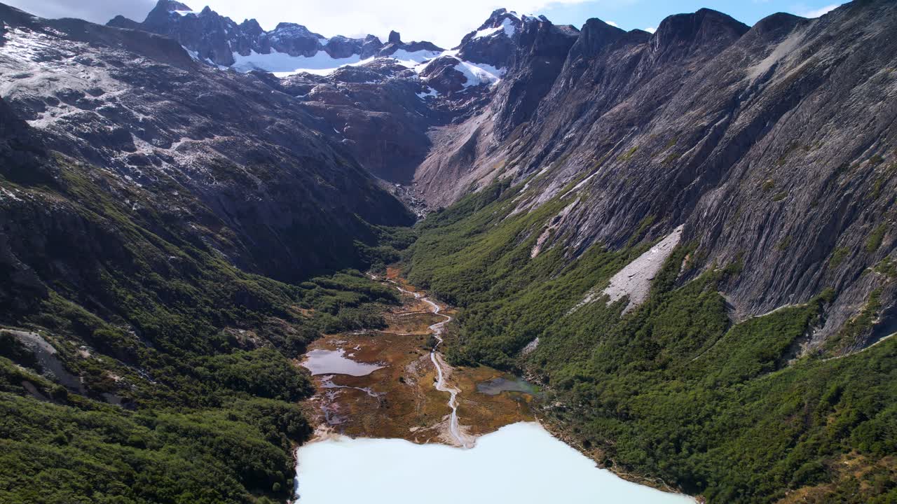 Aerial Drone Footage Of Laguna Esmeralda In Argentina Showcases A Serene Mountain Lake With A Stream Flowing In. Surrounded By Lush Trees And Towering Mountains in 4K