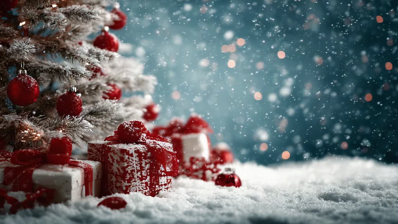 Un magico paese delle meraviglie invernale: la neve che cade delicatamente esaltando il fascino di un albero di Natale splendidamente decorato e circondato da regali gioiosi
