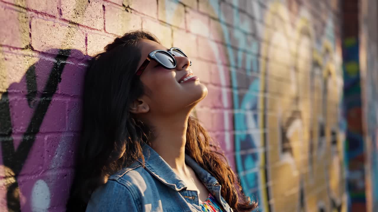 Woman in sunglasses posing against a graffiti wall
