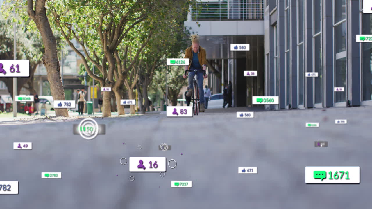 Animation of notification bars over albino african american man riding bicycle on street