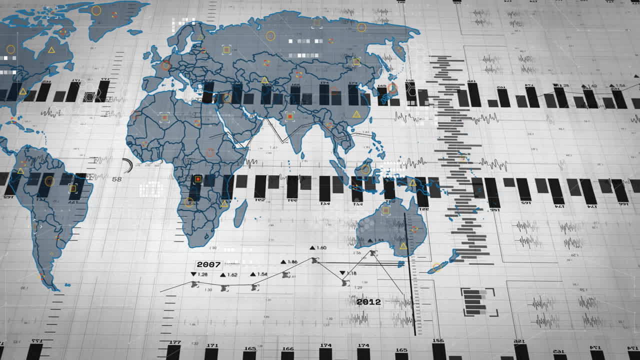 Animation of global statistics with world map, data graphs, and charts in school