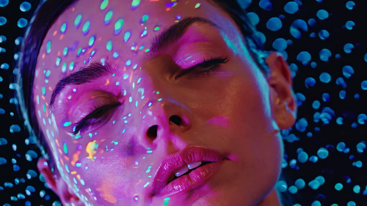 Close-up angle of a woman's face with colorful, abstract light patterns projected