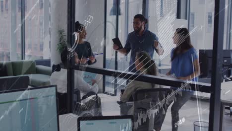 animation of interface with data processing against diverse colleagues discussing together at office