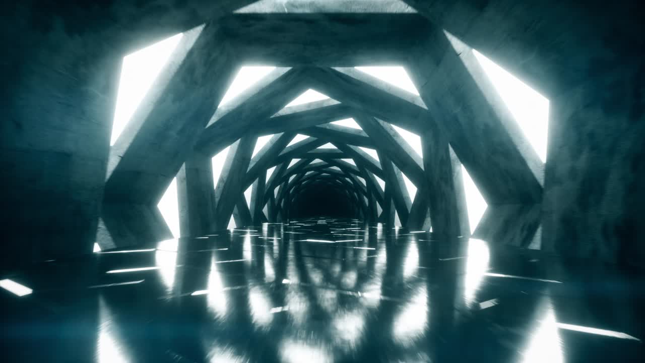 volando a través de un luminoso corredor de neón de hexágonos giratorios. luz de espectro azul frío en el túnel, iluminación moderna de colores, animación de bucle cg sin costuras de 4k