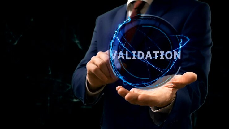 Businessman shows concept hologram Validation on his hand