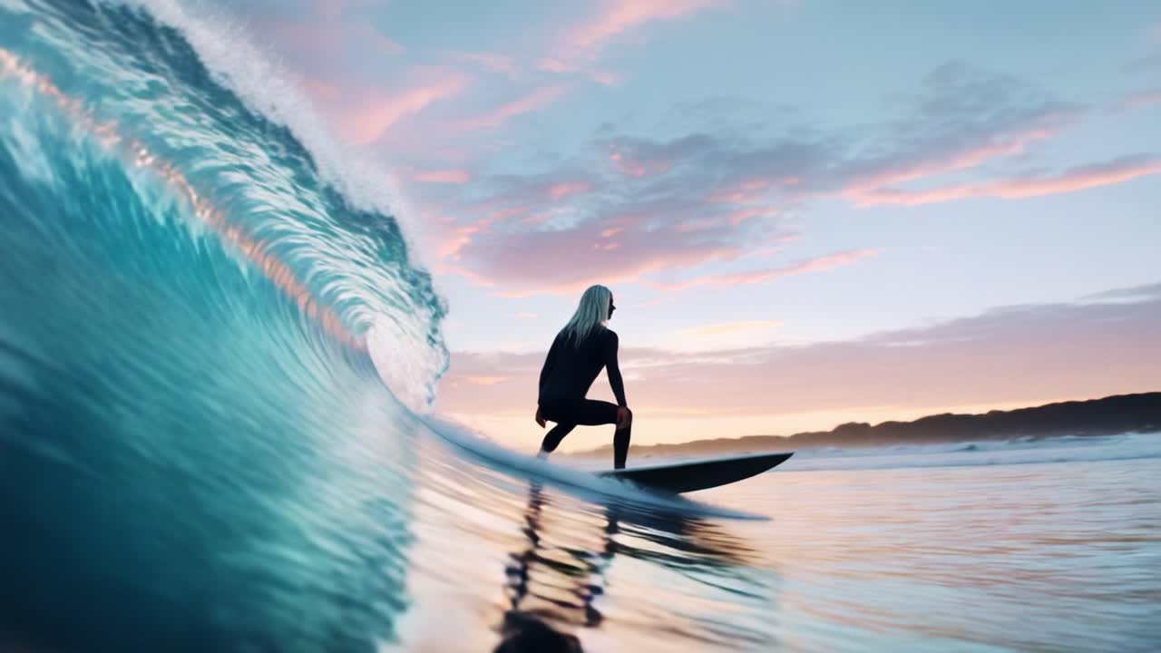 A Surfer Embraces the Ocean's Power as Sunset Colors Fill the Sky, Creating a Stunning Backdrop of Waves and Serenity Amidst Nature's Beauty
