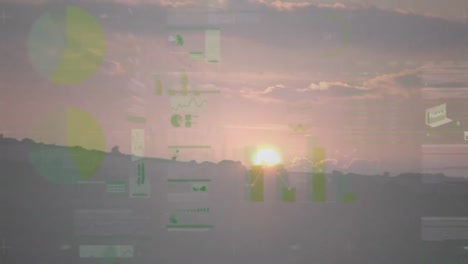 animación del procesamiento de estadísticas sobre el atardecer, las nubes y el cielo