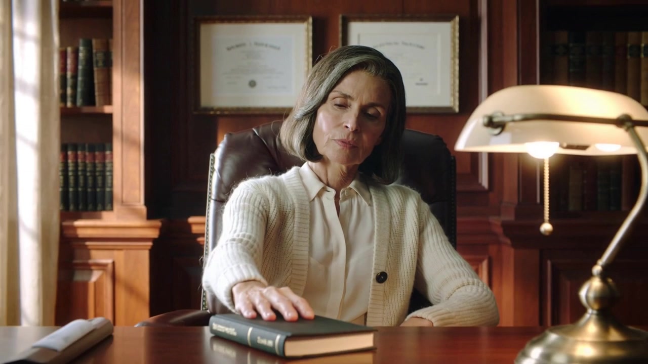Tilting head opening eyes, senior woman reaching for large book to consult in study, cream cardigan