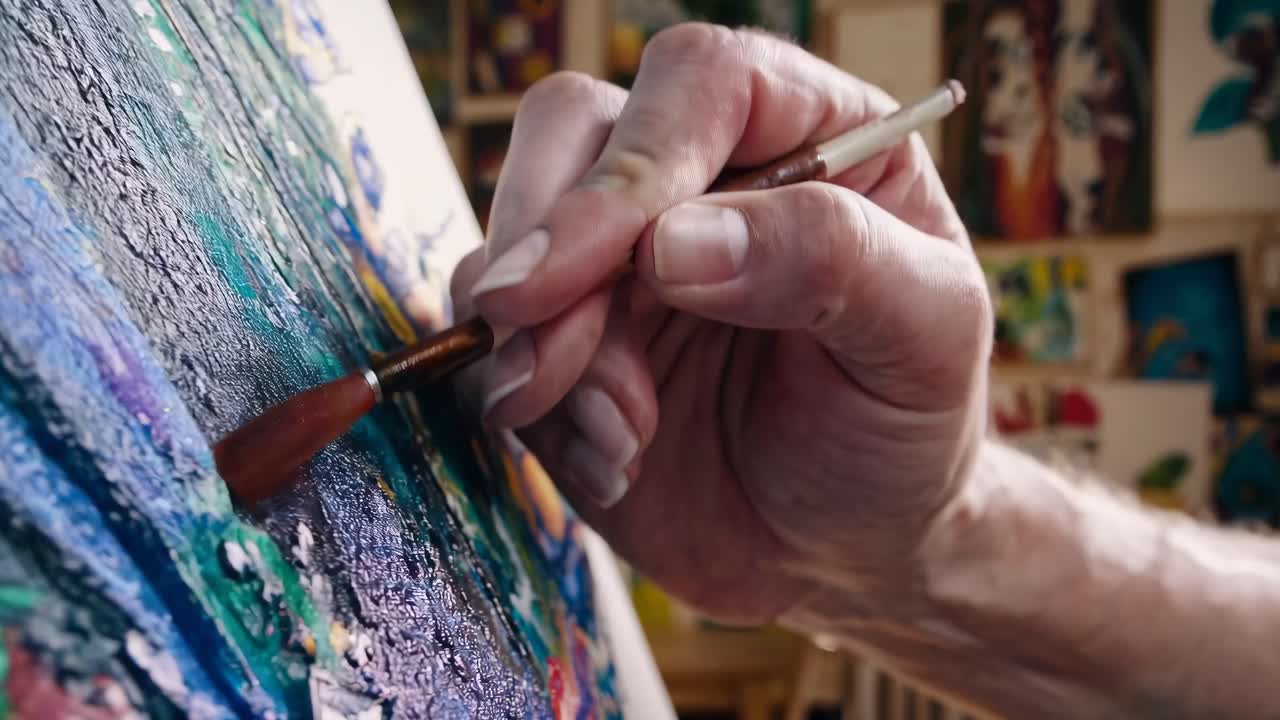 Un acogedor estudio de arte lleno de cuadros coloridos. Filmado desde un ángulo bajo, capturando el ambiente creativo.