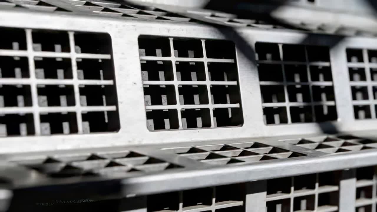 Panning camera shifting right, revealing stacked grey plastic crates in storage, showing shadows