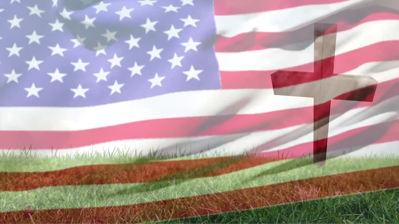 미국의  ⁇ 발을 흔드는 기독교 십자가와 풀의 애니메이션