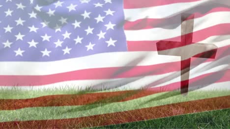 animation of christian cross and grass over waving flag of usa