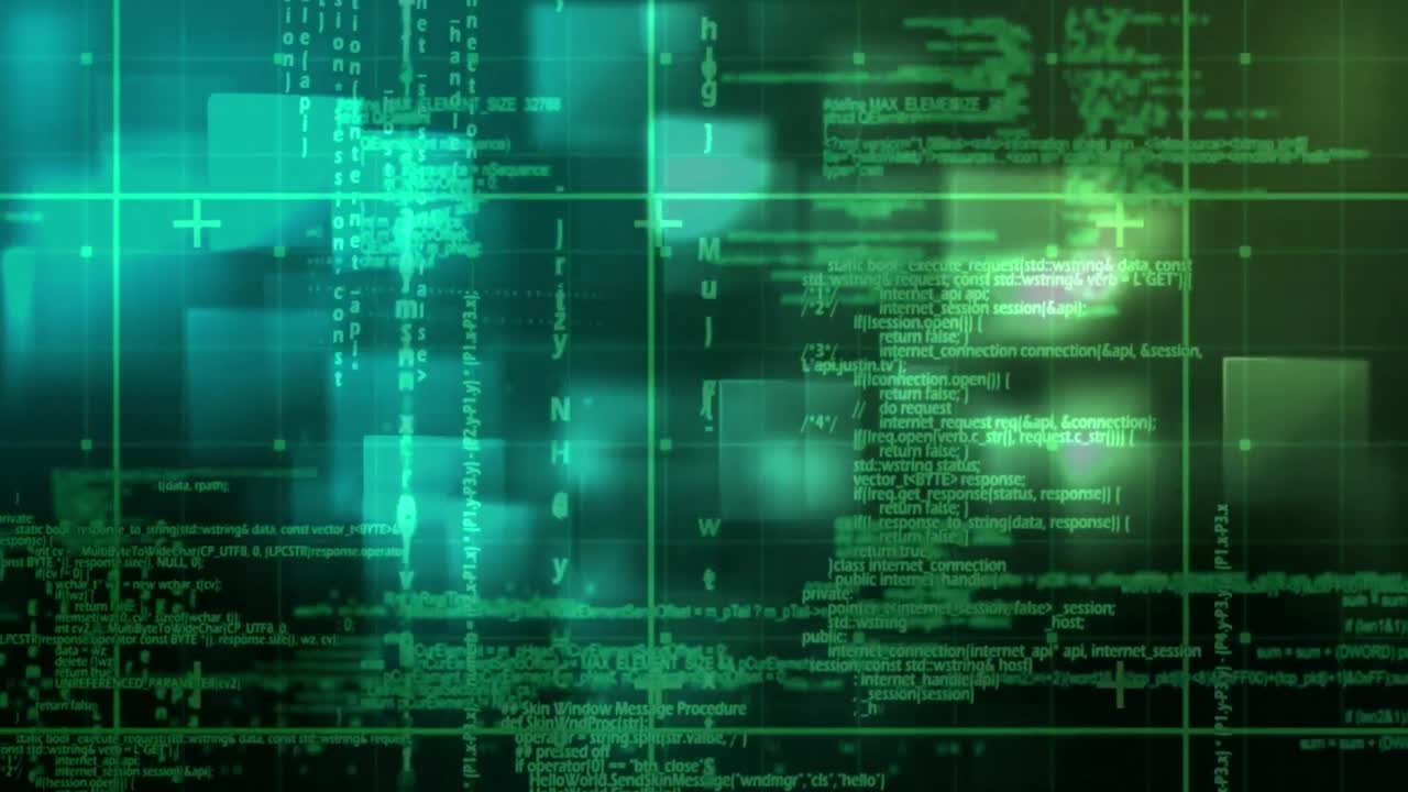 Animation of digital data processing over screens and grid background