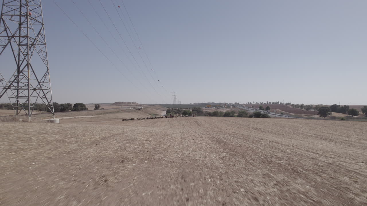 drone vuela sobre una pastora con ovejas en una zona desértica remota, bajo grandes postes de energía, cerca de una carretera, tierra seca sin cultivos, empuje en tiro-1