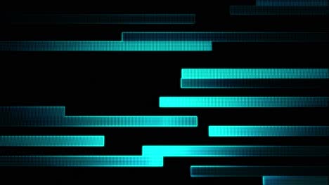 3d animation of blue rectangle bars moving across the screen with flashing and glowing light squares, and the camera quickly panning away from the surface at an angle