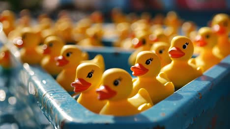 yellow rubber ducks clustering together. floating playfully inside blue plastic container during lively carnival game. capturing whimsical childhood entertainment moment with vibrant. cheerful energy
