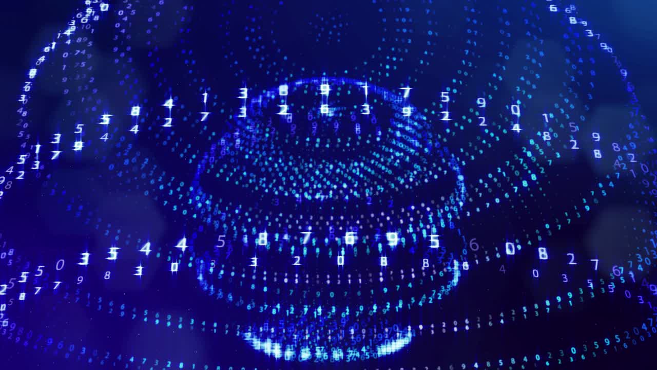 3d loop background, concept of digital data processing, calculation and visualization of computation. Counters of numbers in rows of lines on spheres. Blue digital information bg with numbers. Sci-fi bg.