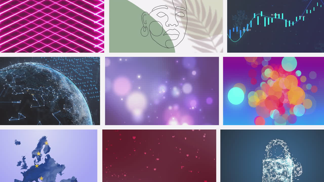 animación compuesta de múltiples pantallas de negocios, ocio y tecnología de desplazamiento