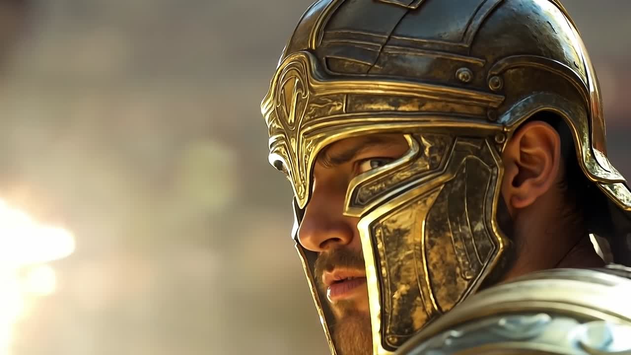 un hombre con un casco y una espada en la mano