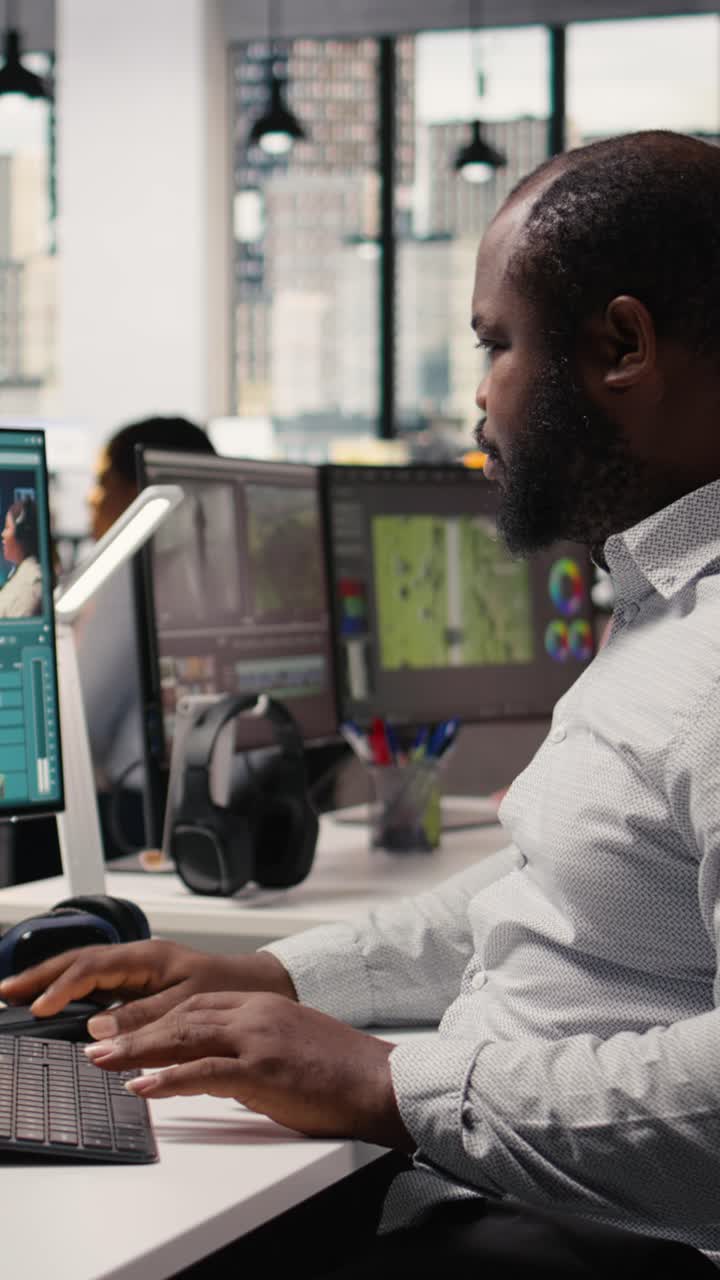 Vertical Video Black Filmmaker Using Ai-Driven Editing Software For Cutting Montage Clips