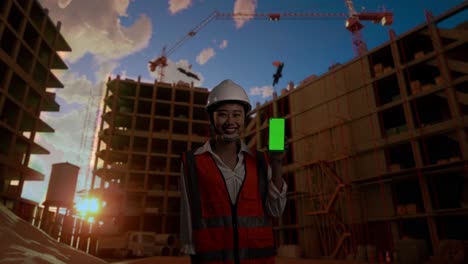 ingeniera asiática con casco de seguridad sonriendo y mostrando un teléfono inteligente de pantalla verde a la cámara mientras está de pie en el sitio de construcción, durante la puesta o salida del sol