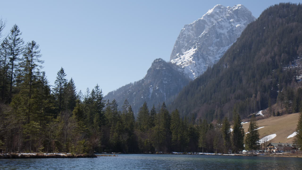 Steep Rock Mountains On The Hintersee Lake At Ramsau, Berchtesgaden Alps of Bavaria, Germany. Wide Shot