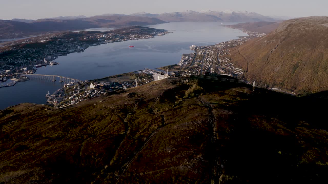 Aerial view of Tromso without snow in Norway. Shot from the viewpoint called fjellheisen.