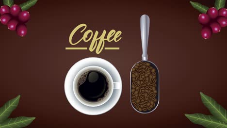 animación de letras de descanso de café con taza y semillas en cuchara