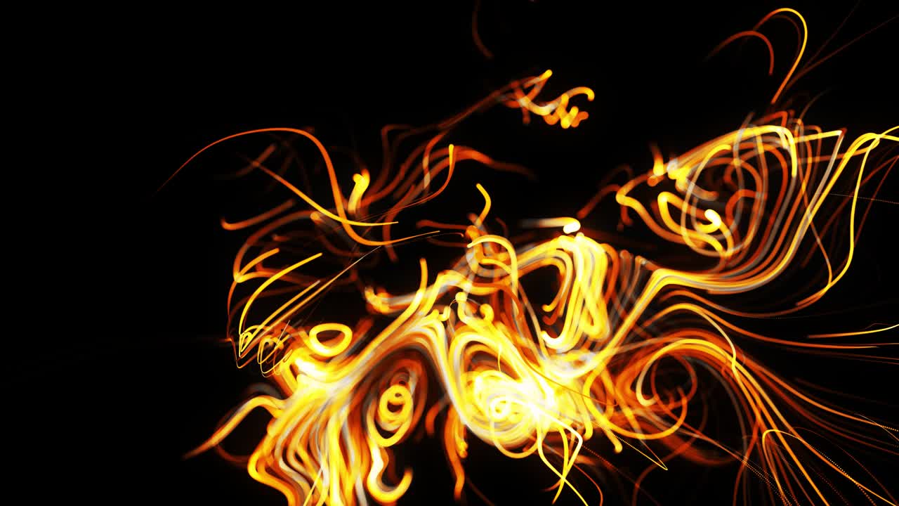 el flujo de partículas forma líneas amarillas rizadas como senderos de luz brillante, las líneas forman un patrón giratorio como ruido de rizado. animación 3d abstracta como fondo festivo creativo brillante. líneas rápidas de luz