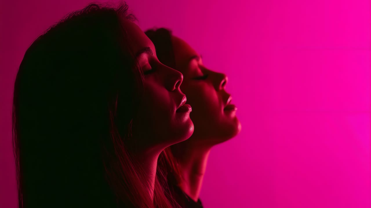 Due donne di profilo su uno sfondo rosa